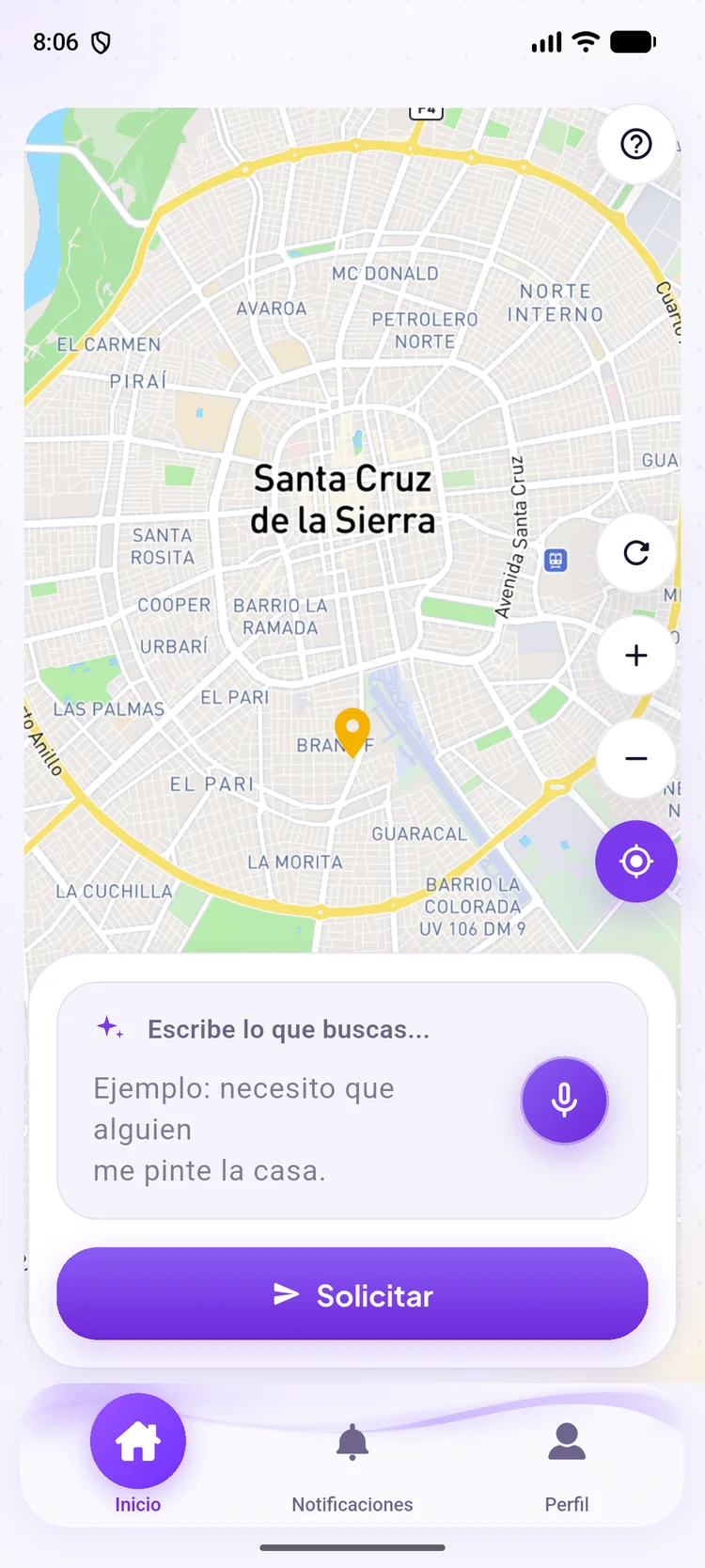 Inicio de Chamba: mapa y campo para pedir un servicio